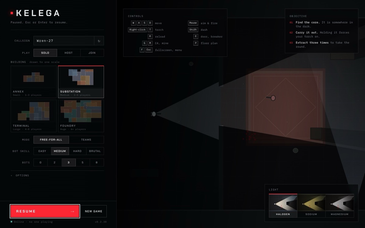 The pause menu with Resume and New game