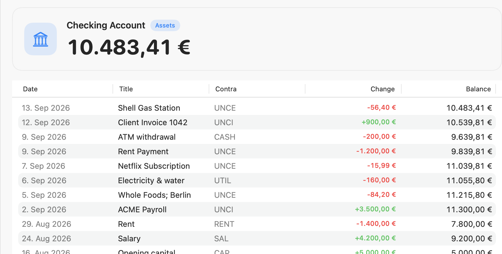 A checking account ledger with imported transactions interleaved by date and a running balance