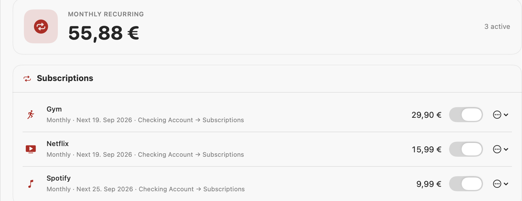 The subscriptions screen with a monthly recurring total and each subscription's next charge date