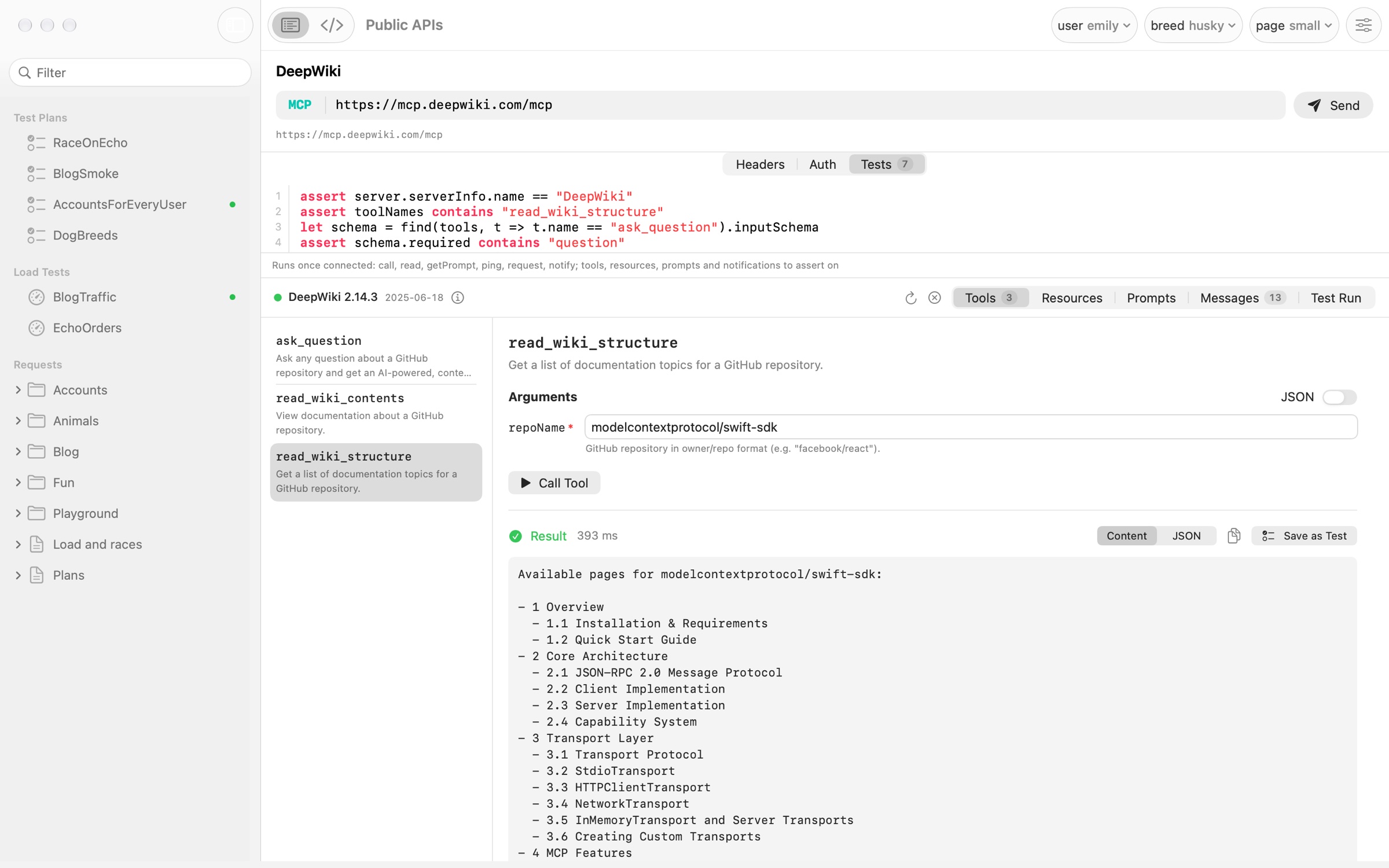 The MCP inspector: a DeepWiki tool called from a form generated from its schema, with the result and a Save as Test button