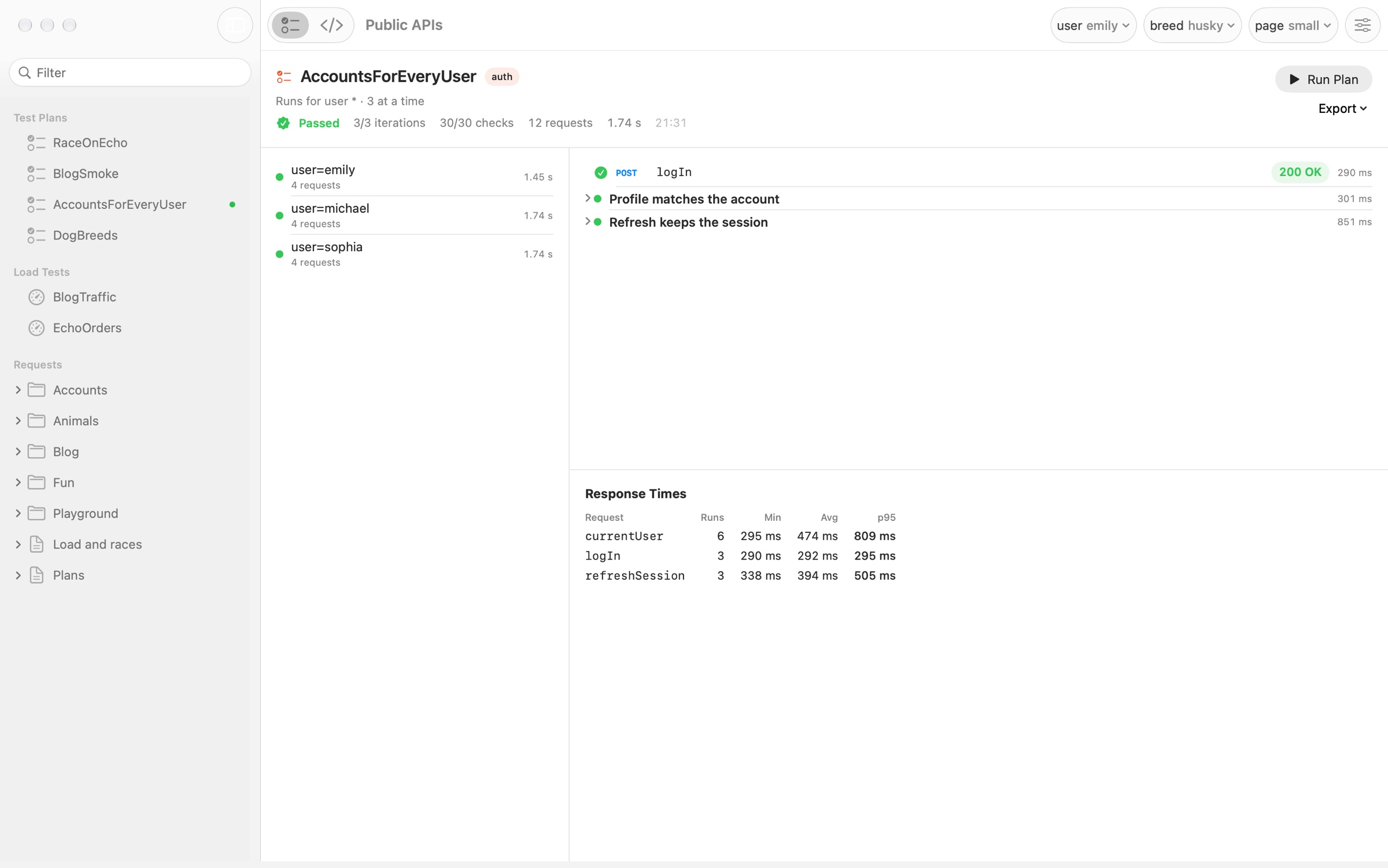 A test plan run once per user, with each iteration's steps and response times