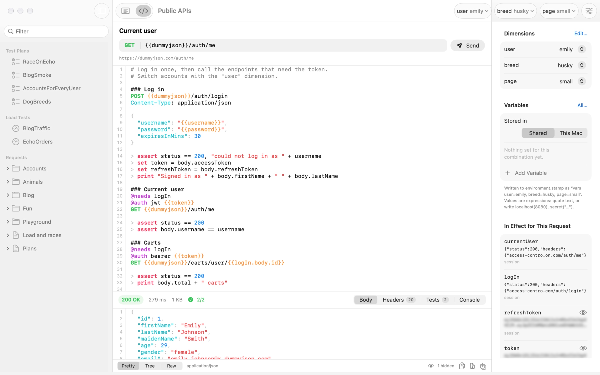 The Posteçî window: a .stamp file in the source editor, the response below it and the dimensions and variables in the inspector