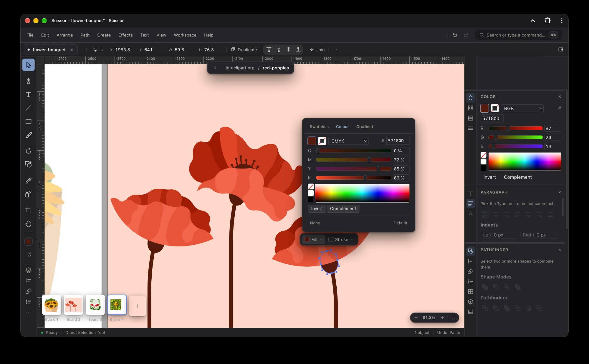 The Scissor window: poppies drawn on a board, the tool palette down the left, board thumbnails along the bottom, and the colour popover open beside the Colour and Pathfinder panels